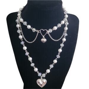 coquette faux pearl layered necklace with hearts